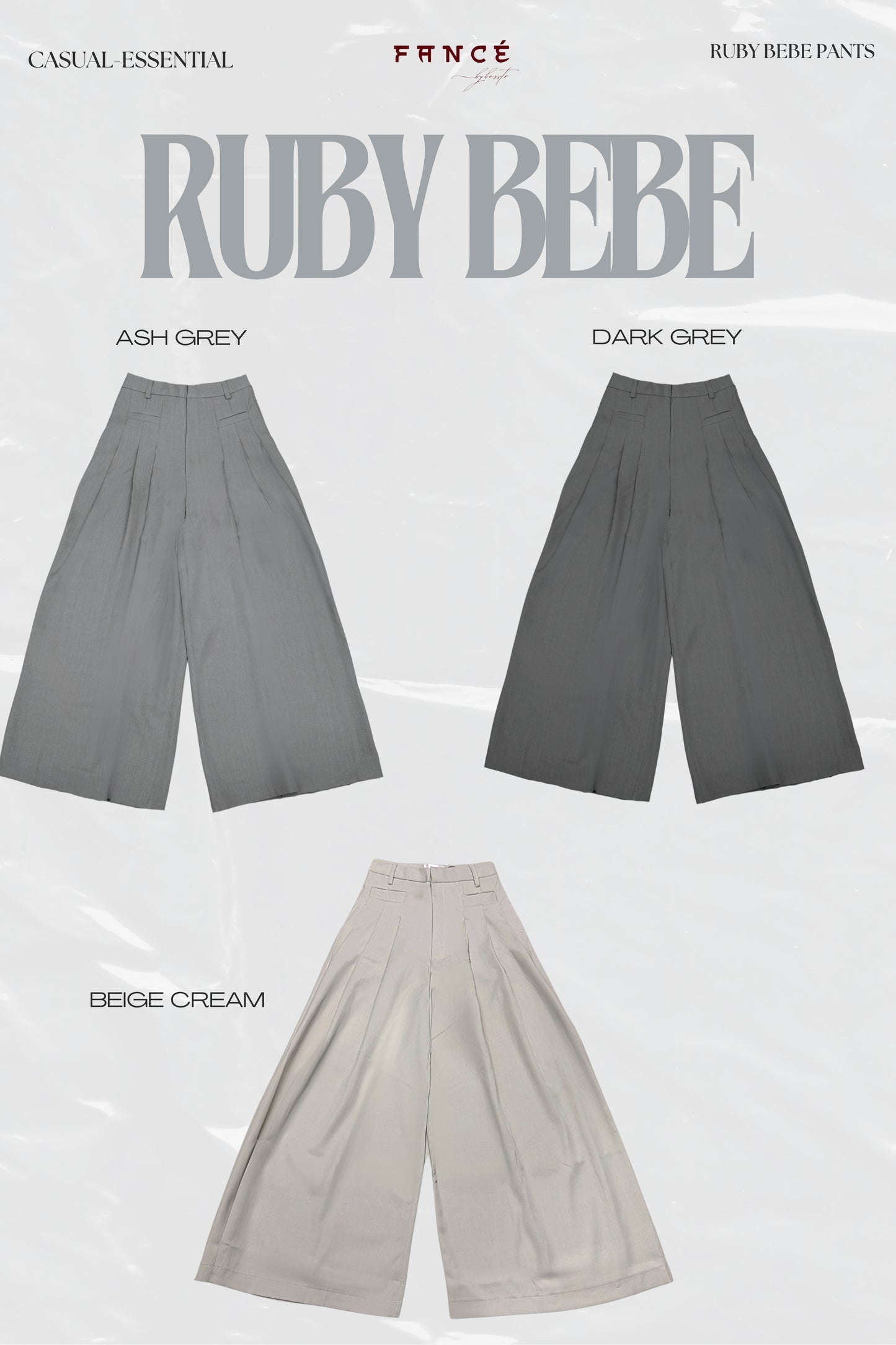 Three pairs of wide-leg pants in ash grey, dark grey, and beige cream on a white background with 'Ruby Bebe' branding.