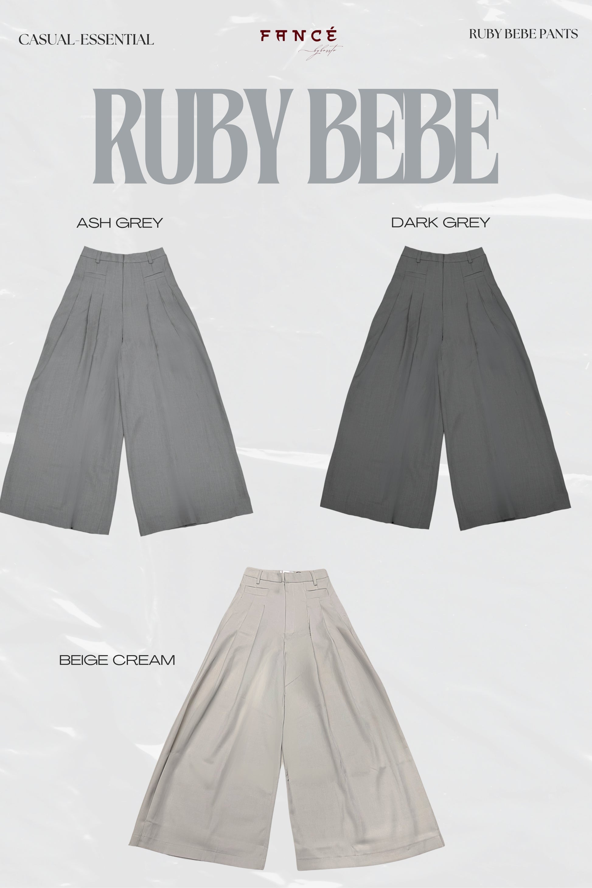 Three pairs of wide-leg pants in ash grey, dark grey, and beige cream on a white background with 'Ruby Bebe' branding.