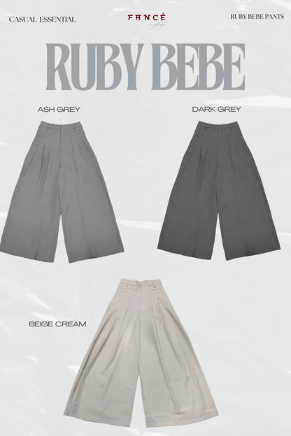 Three pairs of wide-leg pants in ash grey, dark grey, and beige cream on a white background with 'Ruby Bebe' branding.