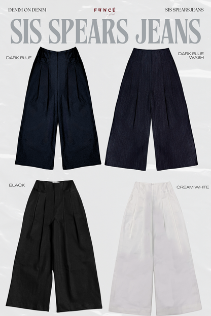 Four pairs of wide-leg jeans in dark blue, black, and cream white on a light gray background.