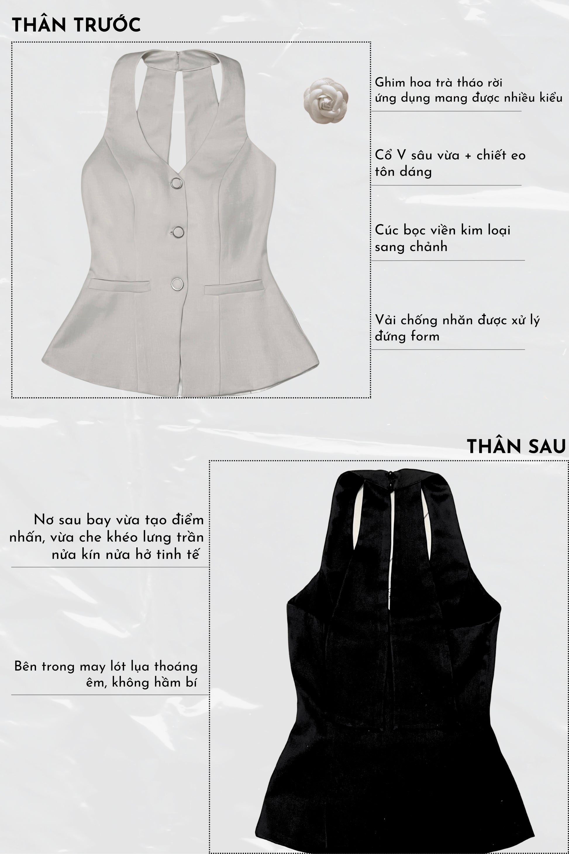 Gray and black sleeveless blouses with specifications on a white background