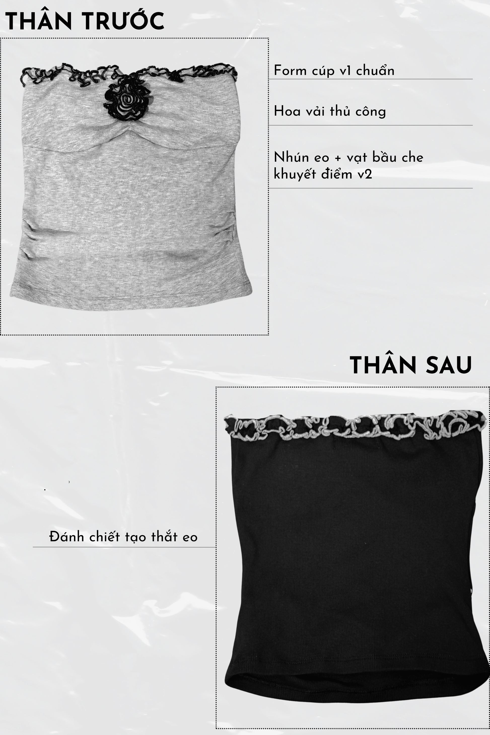 Gray and black strapless tops with lace details on a white background