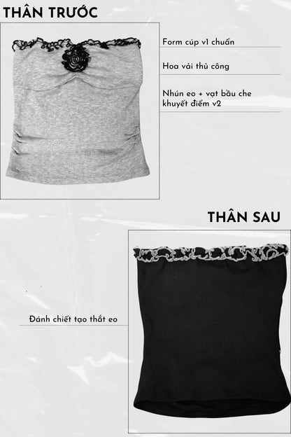 Gray and black strapless tops with lace details on a white background
