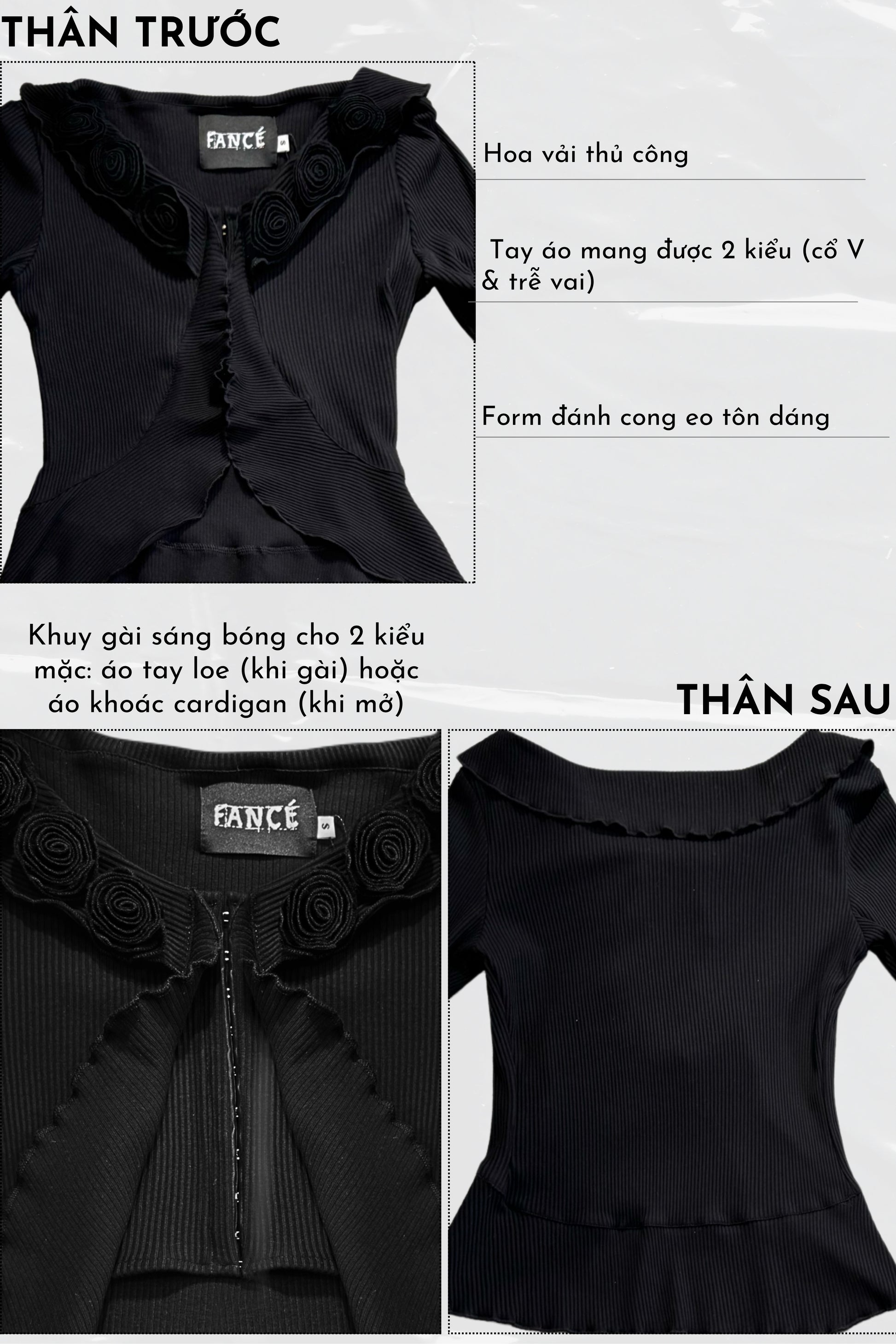 Black blouse with floral details on a white background