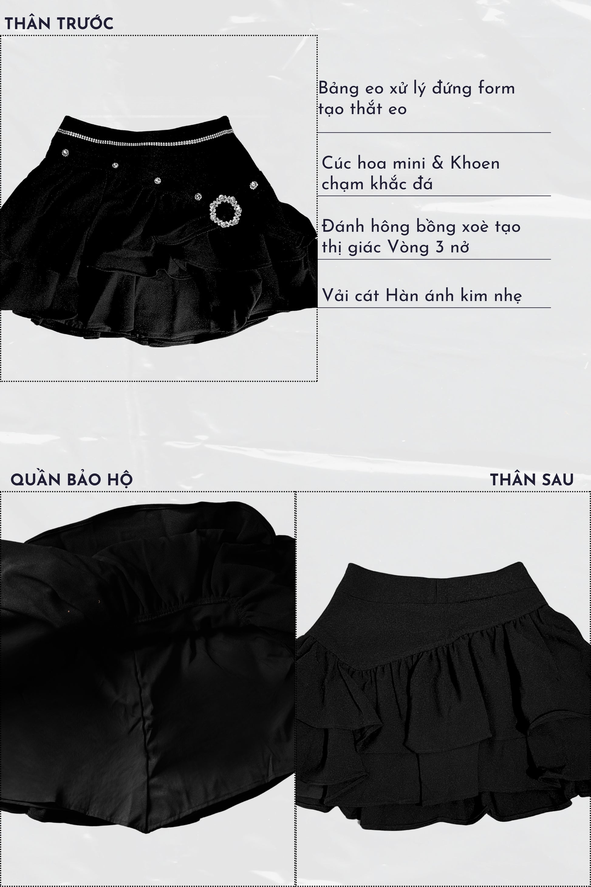 Black skirt with ruffled layers on a white background
