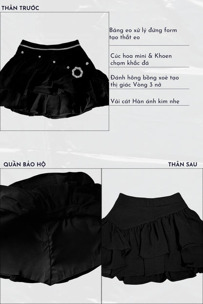 Black skirt with ruffled layers on a white background