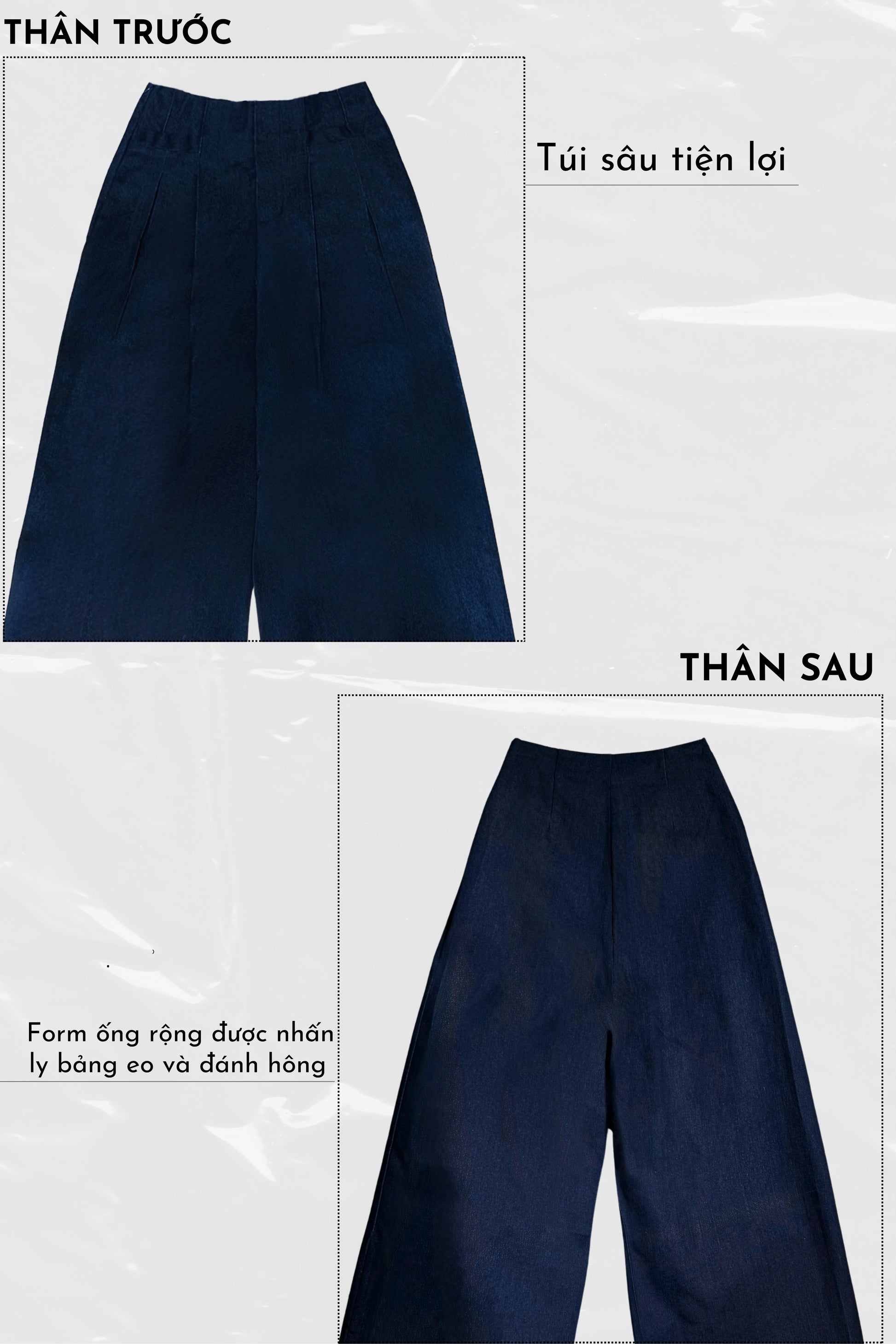 Navy blue wide-leg pants shown from front and back on a light gray background.