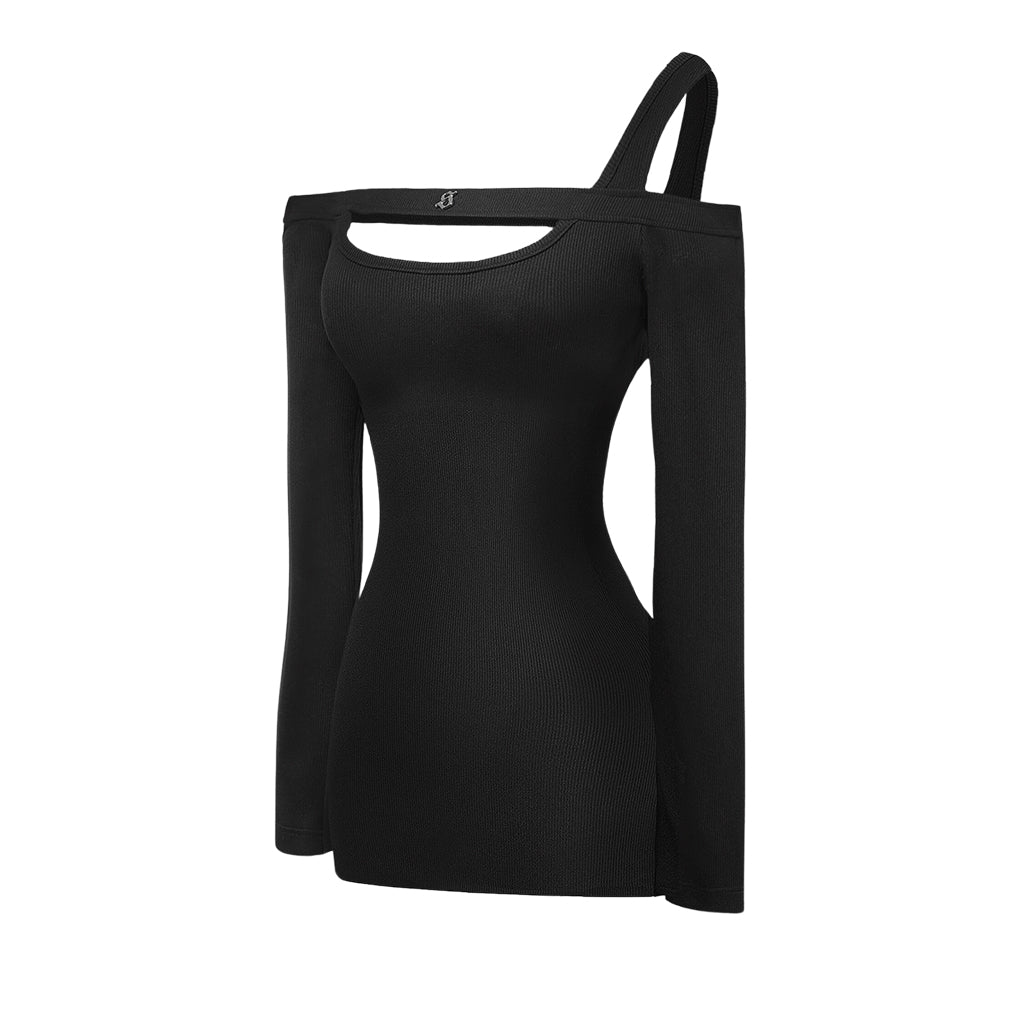 Black long-sleeve top with unique cut-out design on a white background