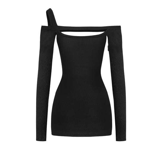 Black long-sleeve dress with cut-out design on a white background
