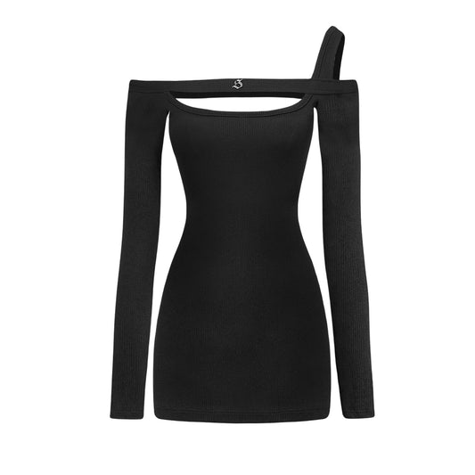 Black long-sleeve top with a unique cutout design on a white background