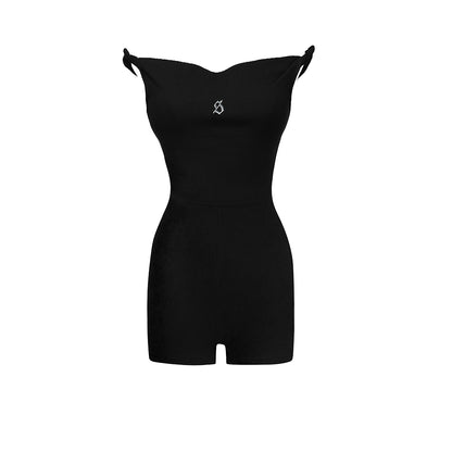 Black romper with thin straps on a white background