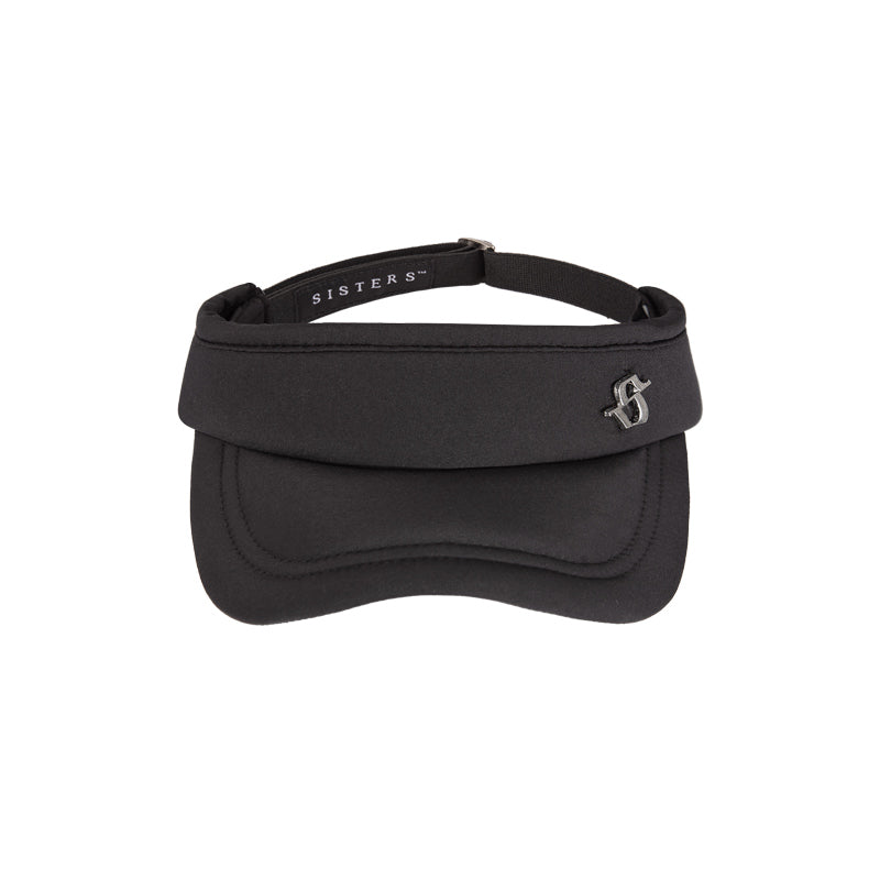 Black visor with a logo on a white background