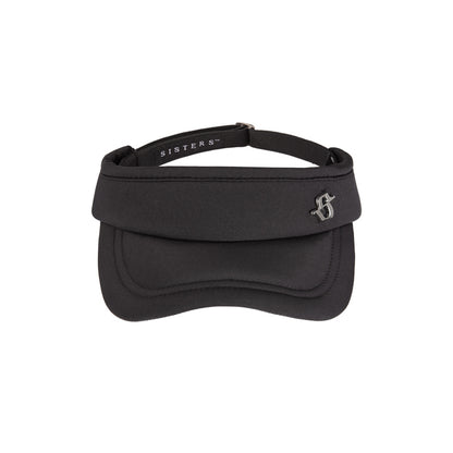Black visor with a logo on a white background
