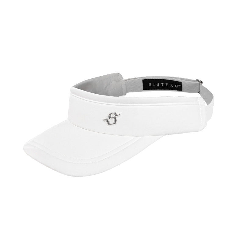 White visor with gray interior and 'SISTERS' logo on a white background