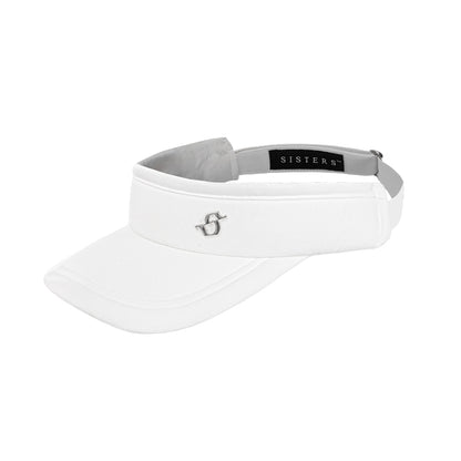 White visor with gray interior and 'SISTERS' logo on a white background
