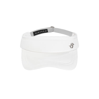White visor with a brand logo on a white background