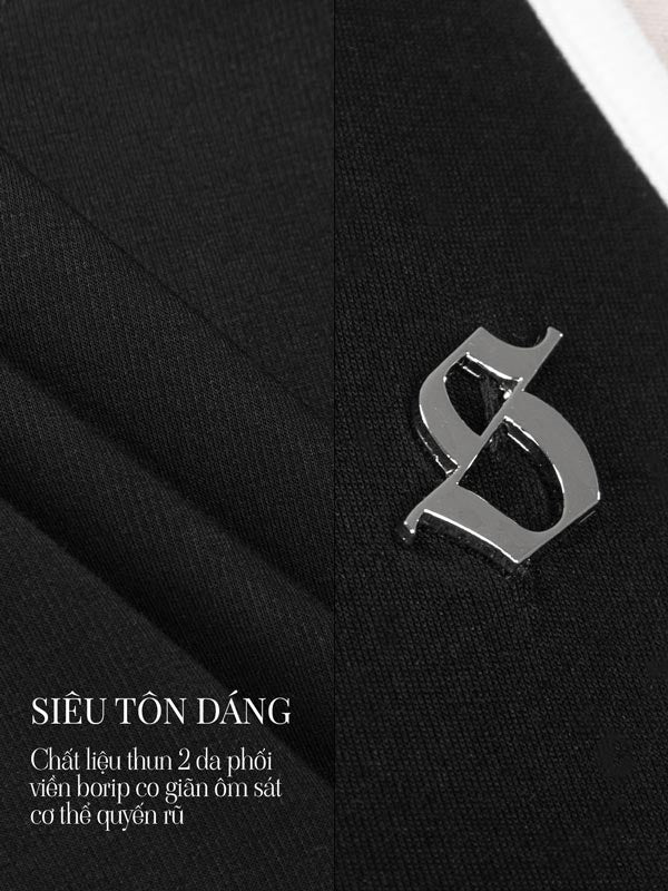 Black fabric with a silver logo on a black background