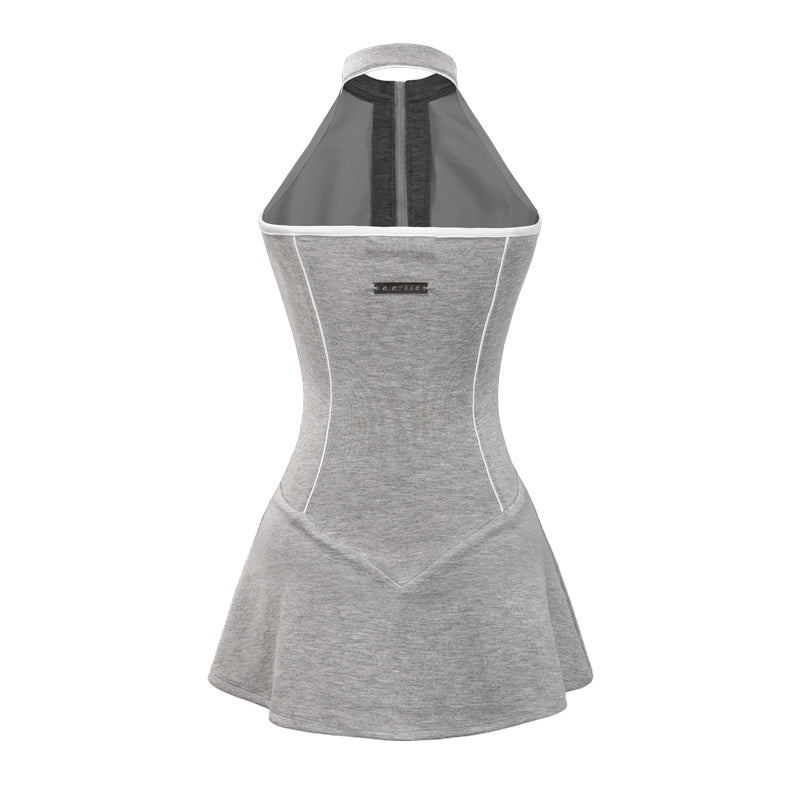 Gray halter neck dress with black mesh panels on a white background