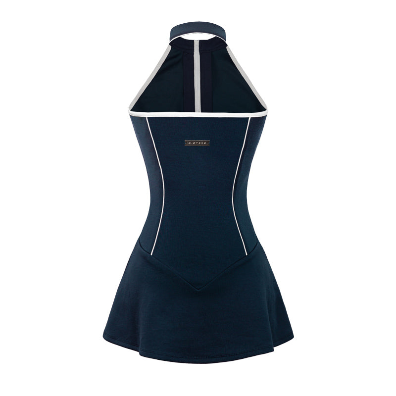 Navy blue dress with white accents on a white background