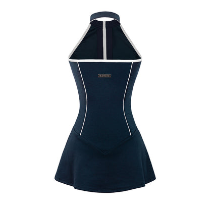 Navy blue dress with white accents on a white background