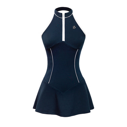 Navy blue dress with white accents on a white background