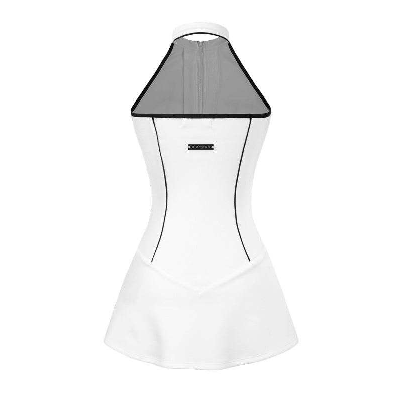 White dress with a black halter top on a white background