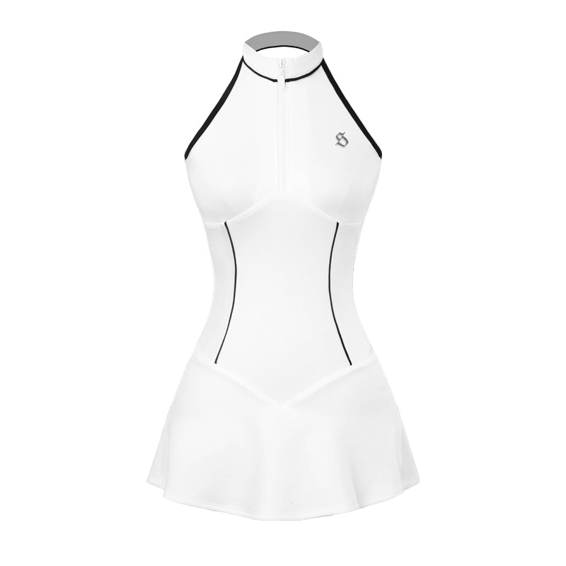 White dress with black accents on a white background