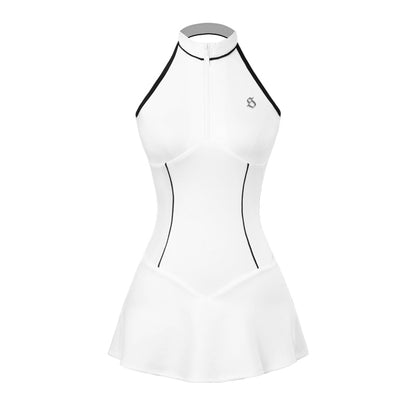 White dress with black accents on a white background