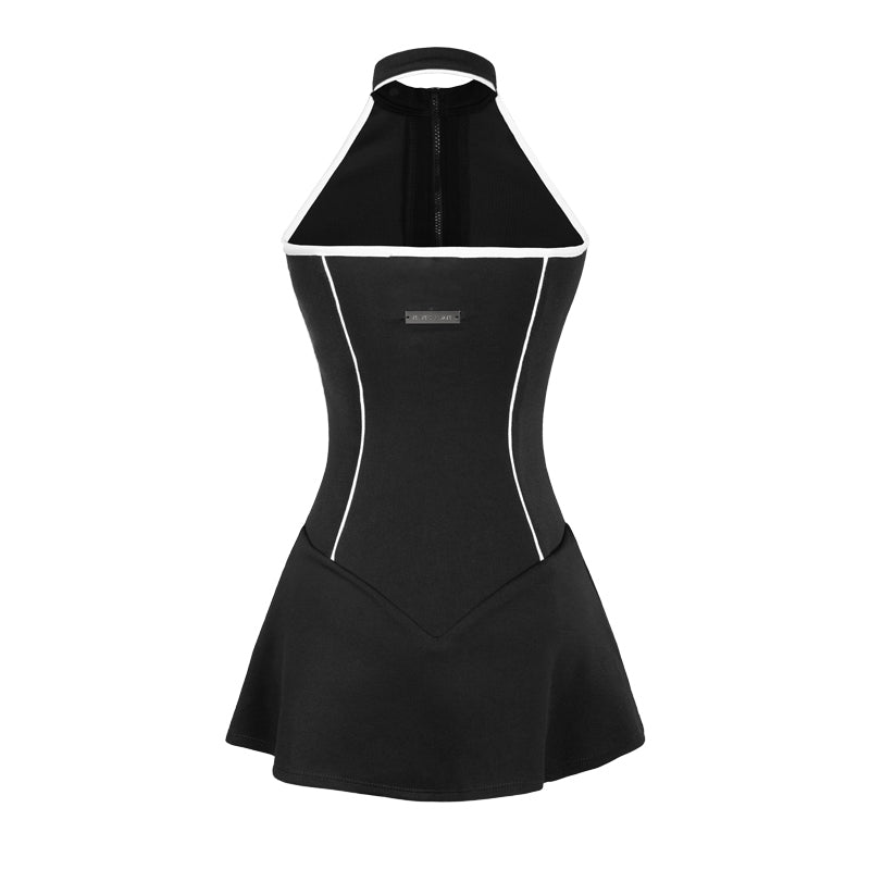 Black dress with white trim on a white background