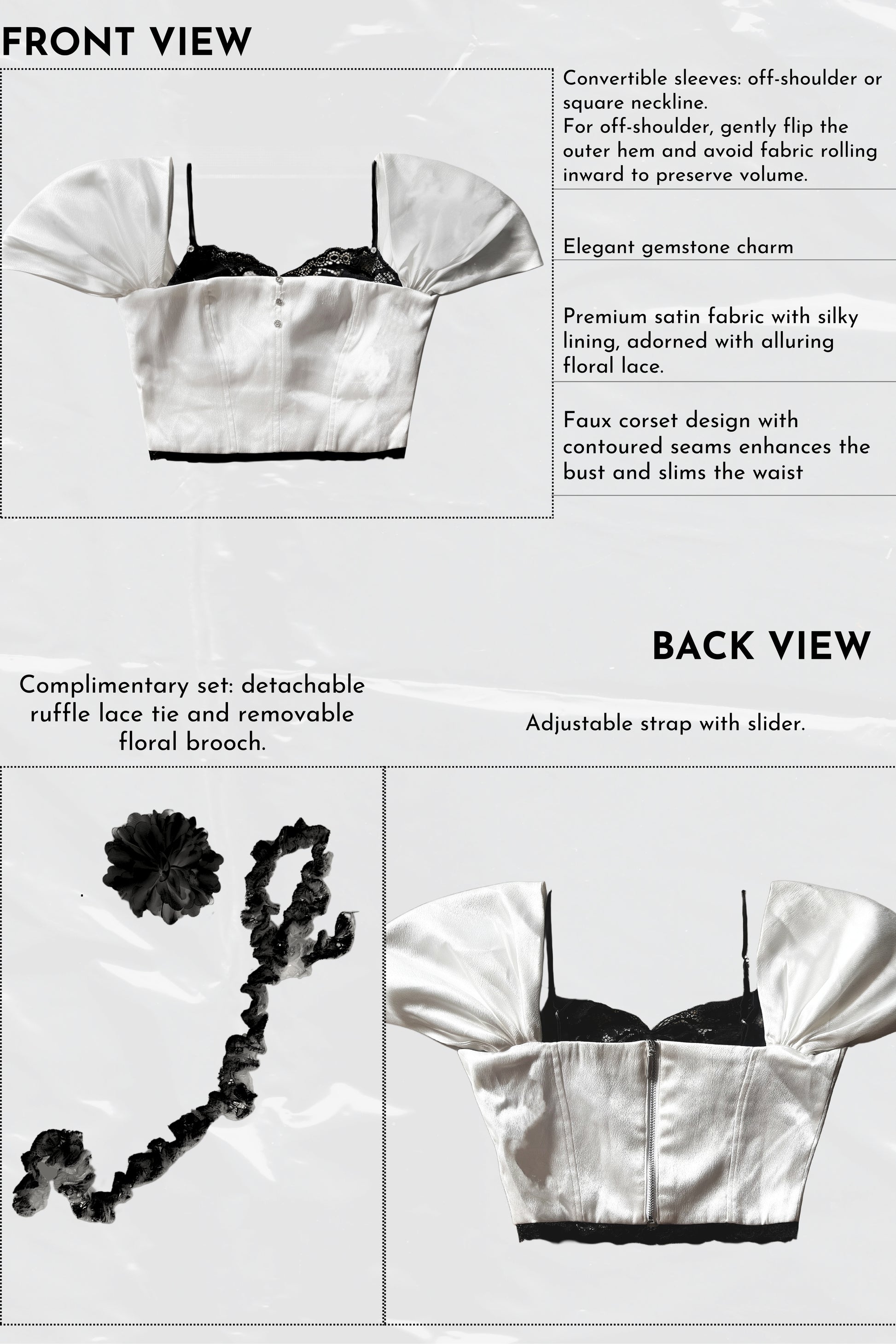 Black and white lingerie set with detailed features on a light gray background