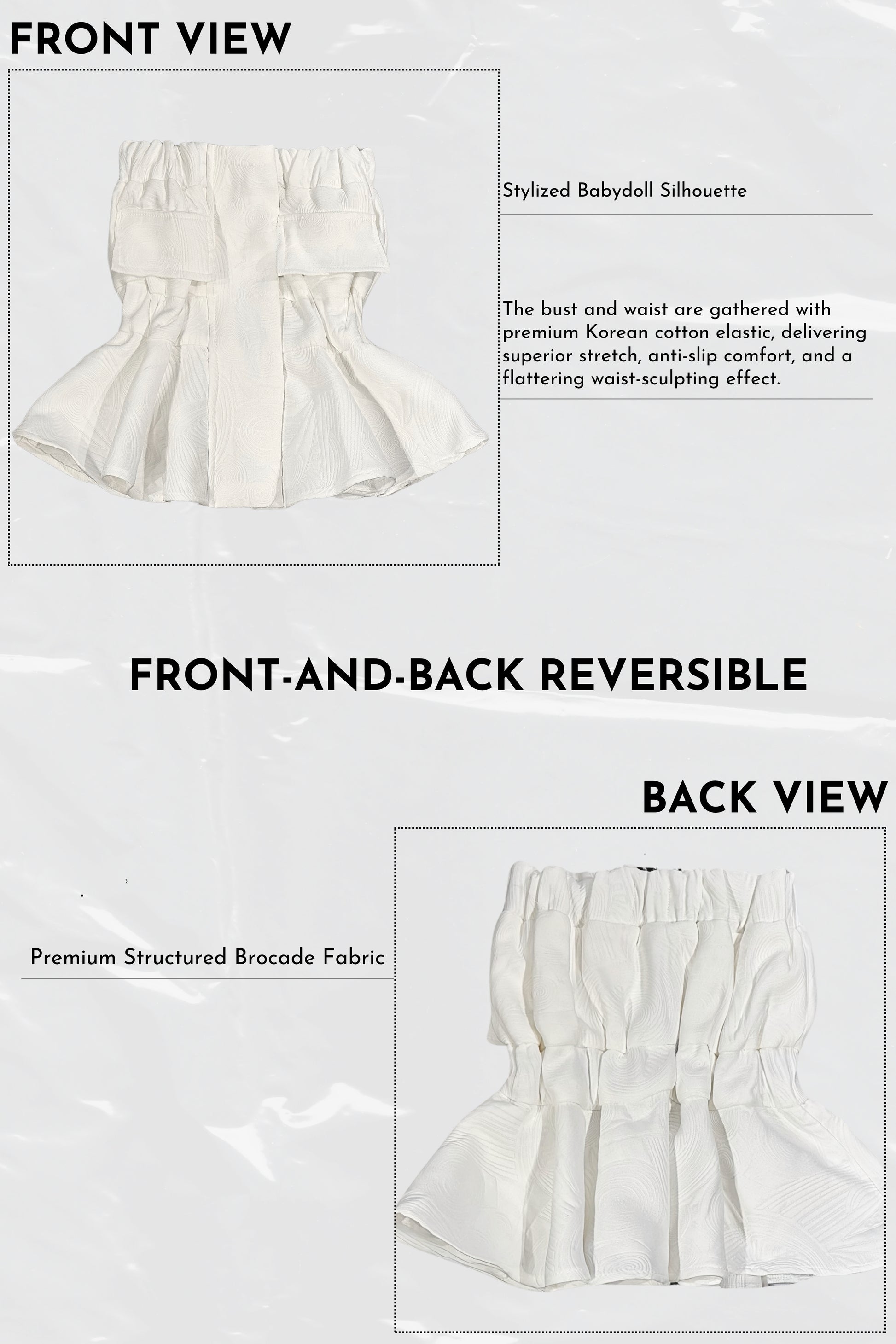 White skirt with text describing its features on a white background