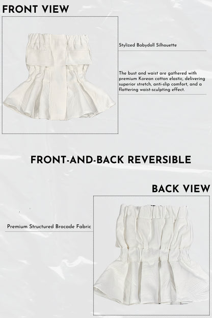 White skirt with text describing its features on a white background