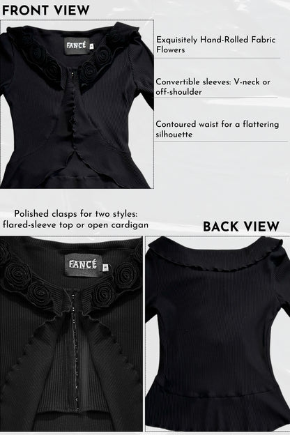 Black top with floral details on a white background