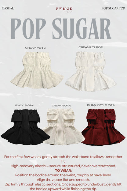 Promotional graphic for Pop Sugar clothing with various skirt designs.
