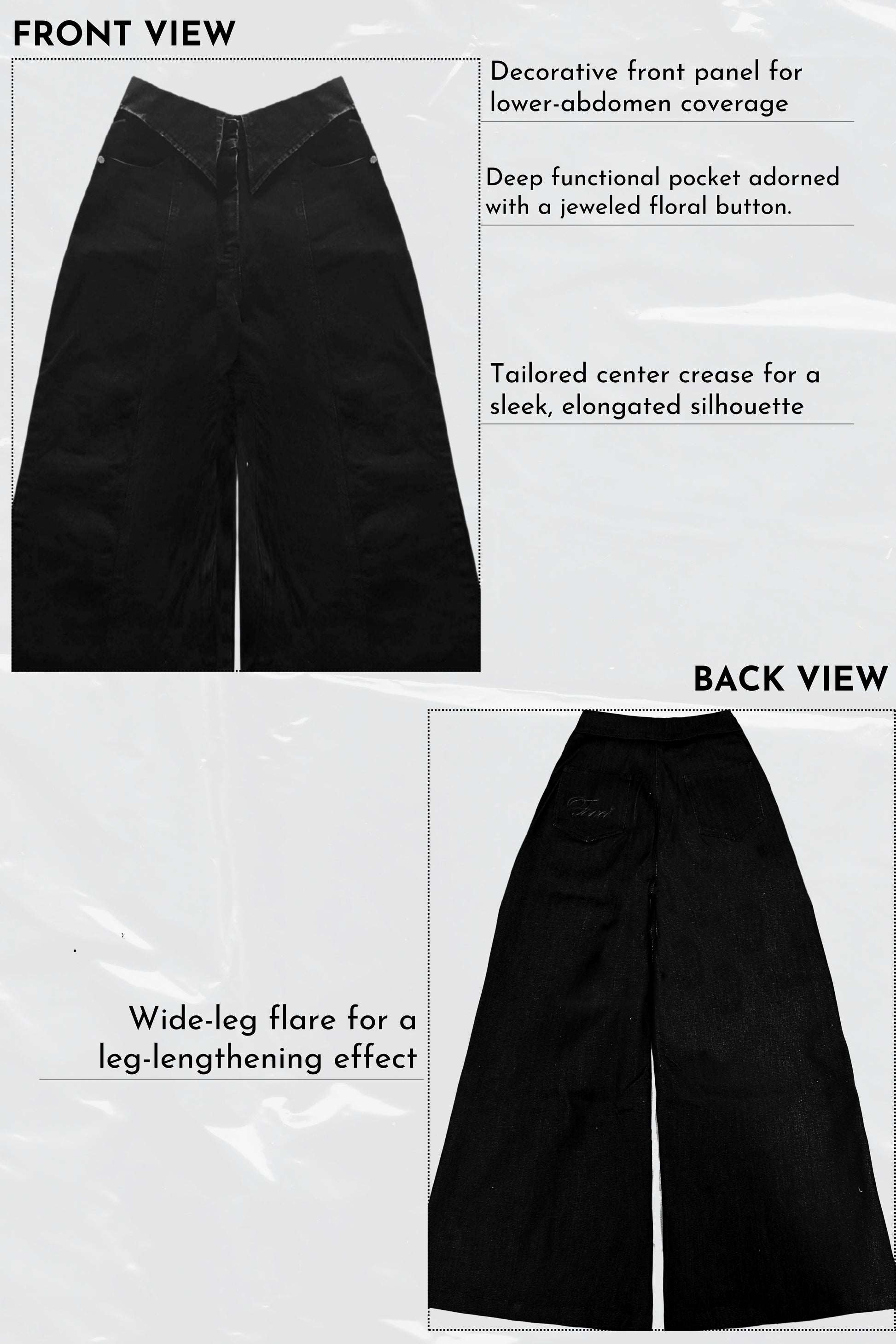 Black pants with decorative front panel, deep functional pocket, and wide-leg flare on a white background.