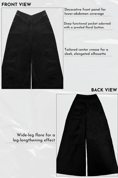 Black pants with decorative front panel, deep functional pocket, and wide-leg flare on a white background.