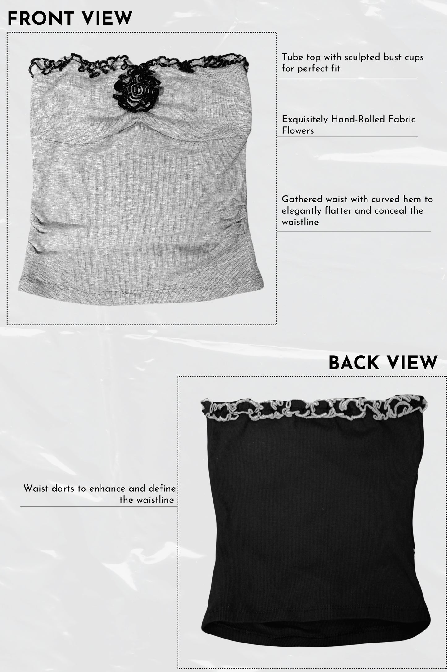 Gray and black tube tops with lace details on a white background