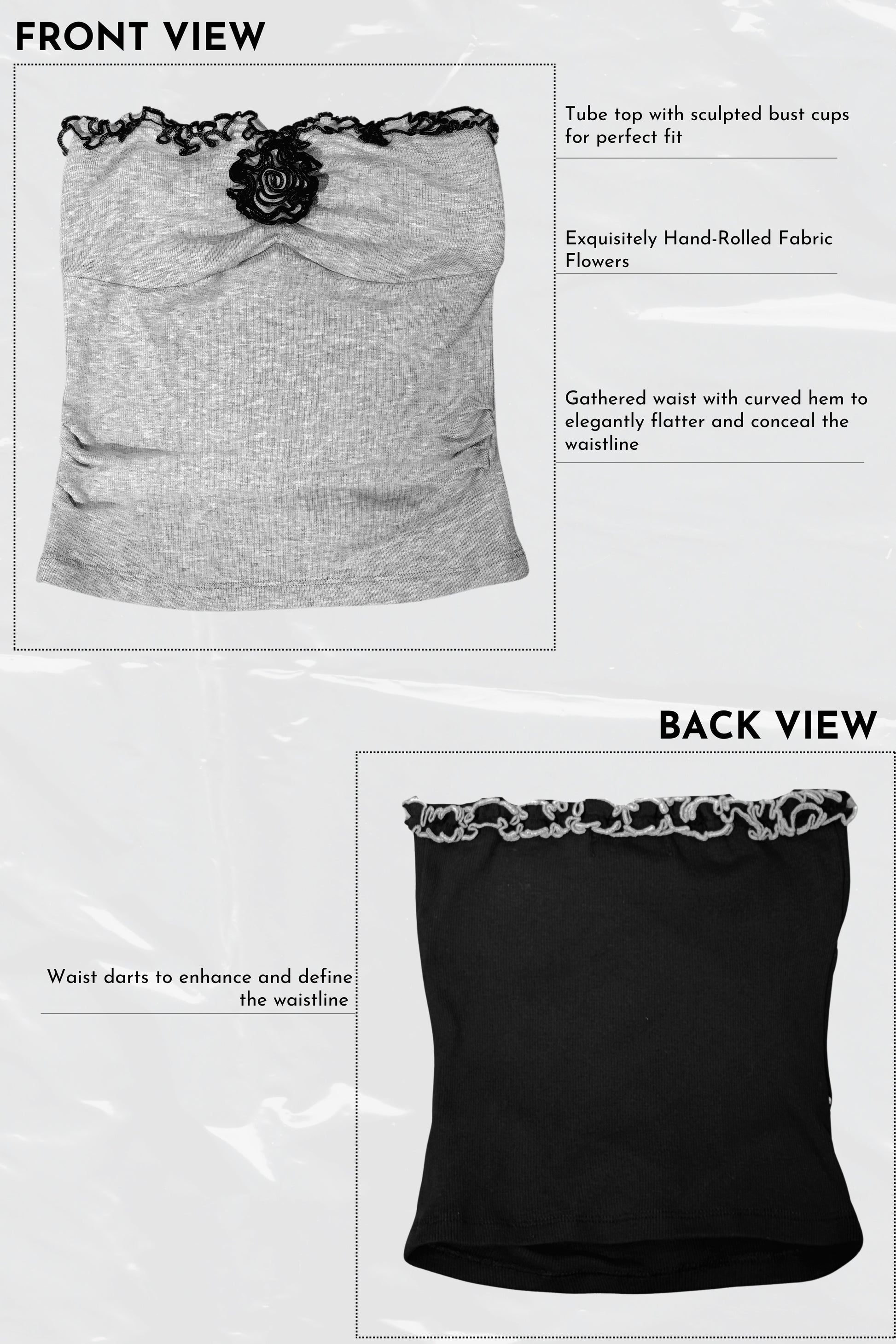 Gray and black tube tops with lace details on a white background