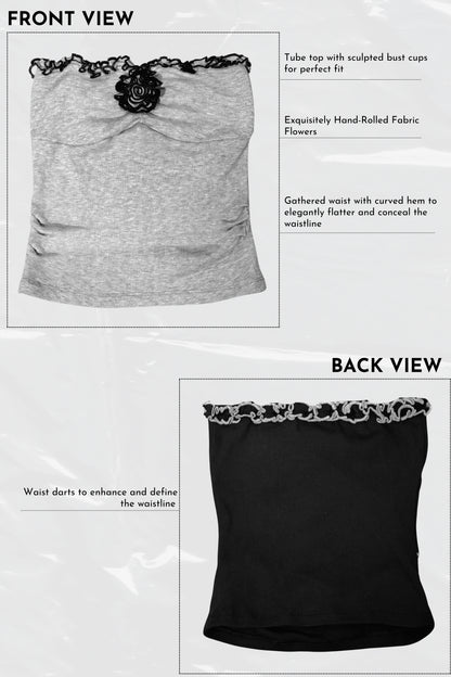 Gray and black tube tops with lace details on a white background