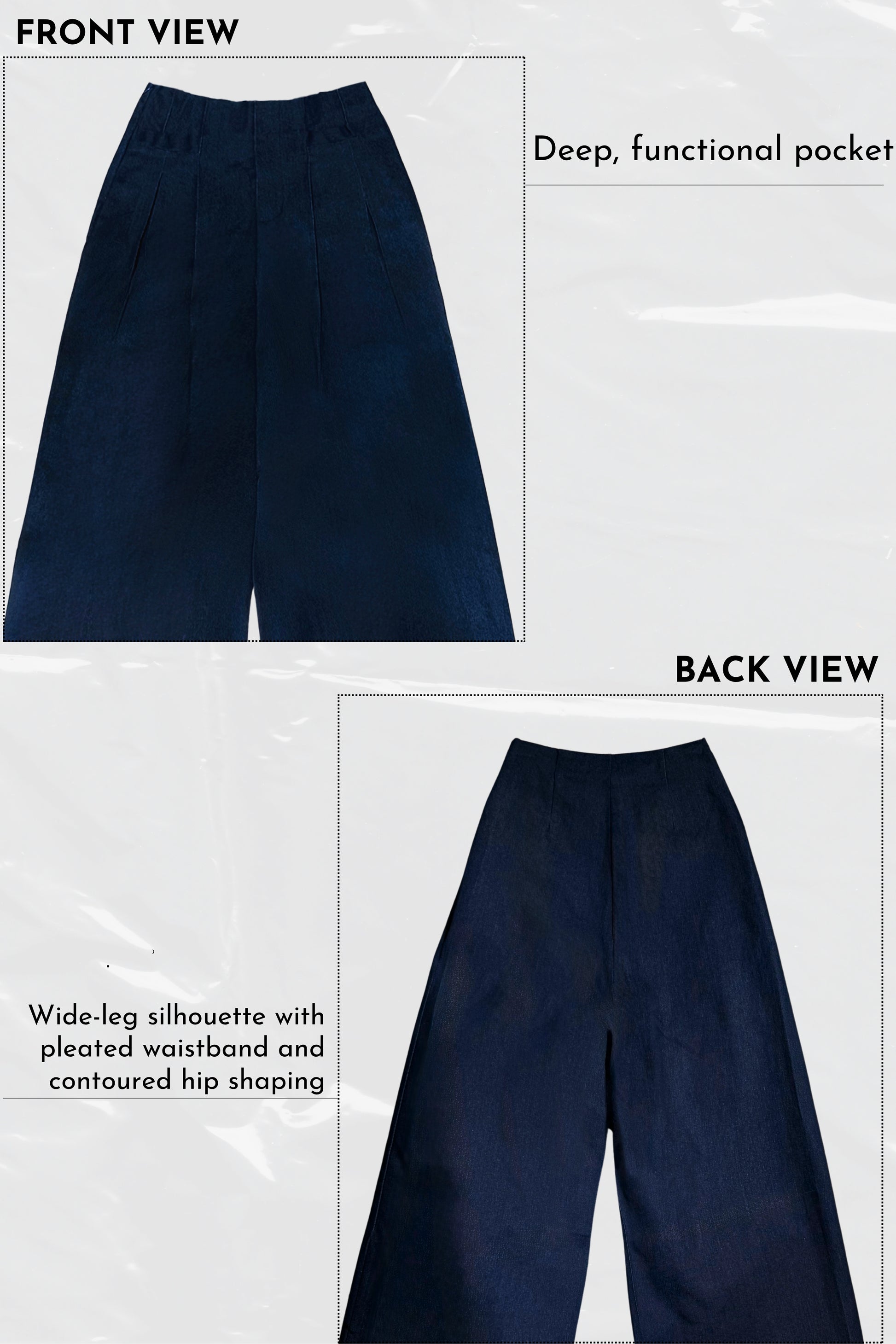 Navy blue pants shown from front and back views with text describing features.