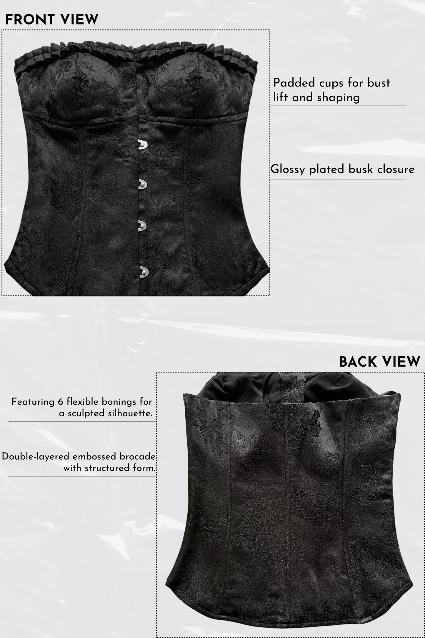 Black corset with text describing features on a white background