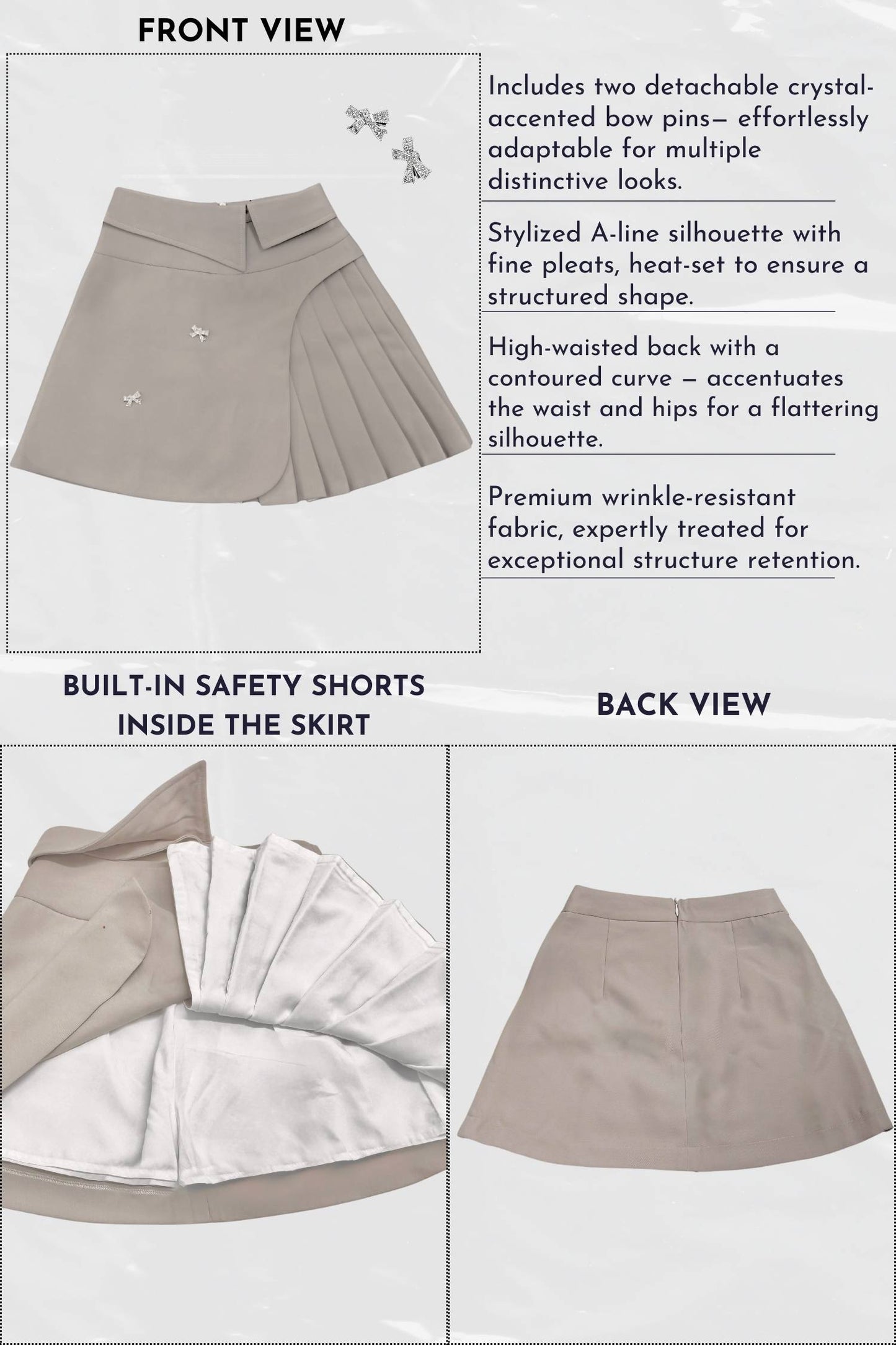 Product description of a skirt with safety shorts feature, including front and back views.