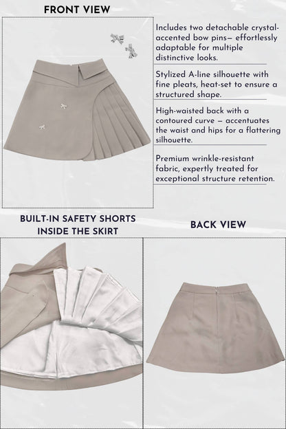 Product description of a skirt with safety shorts feature, including front and back views.
