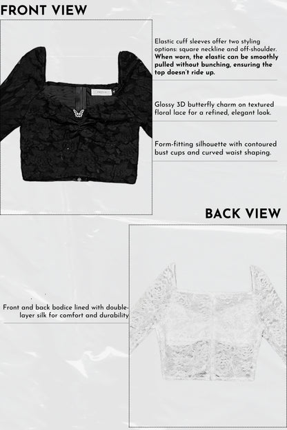 Black lace garment with text describing features on a white background