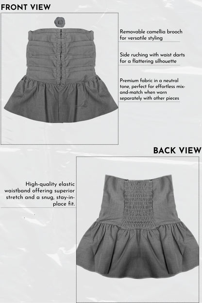 Gray skirt with text describing features on a white background