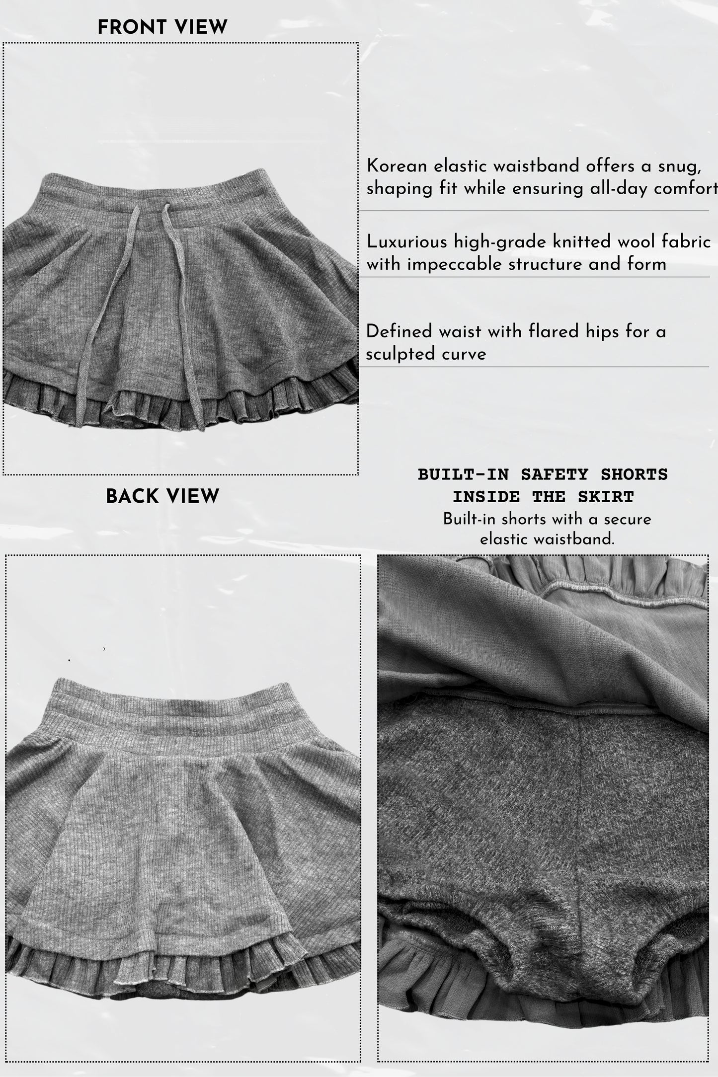 Gray skirt with built-in safety shorts features on a white background