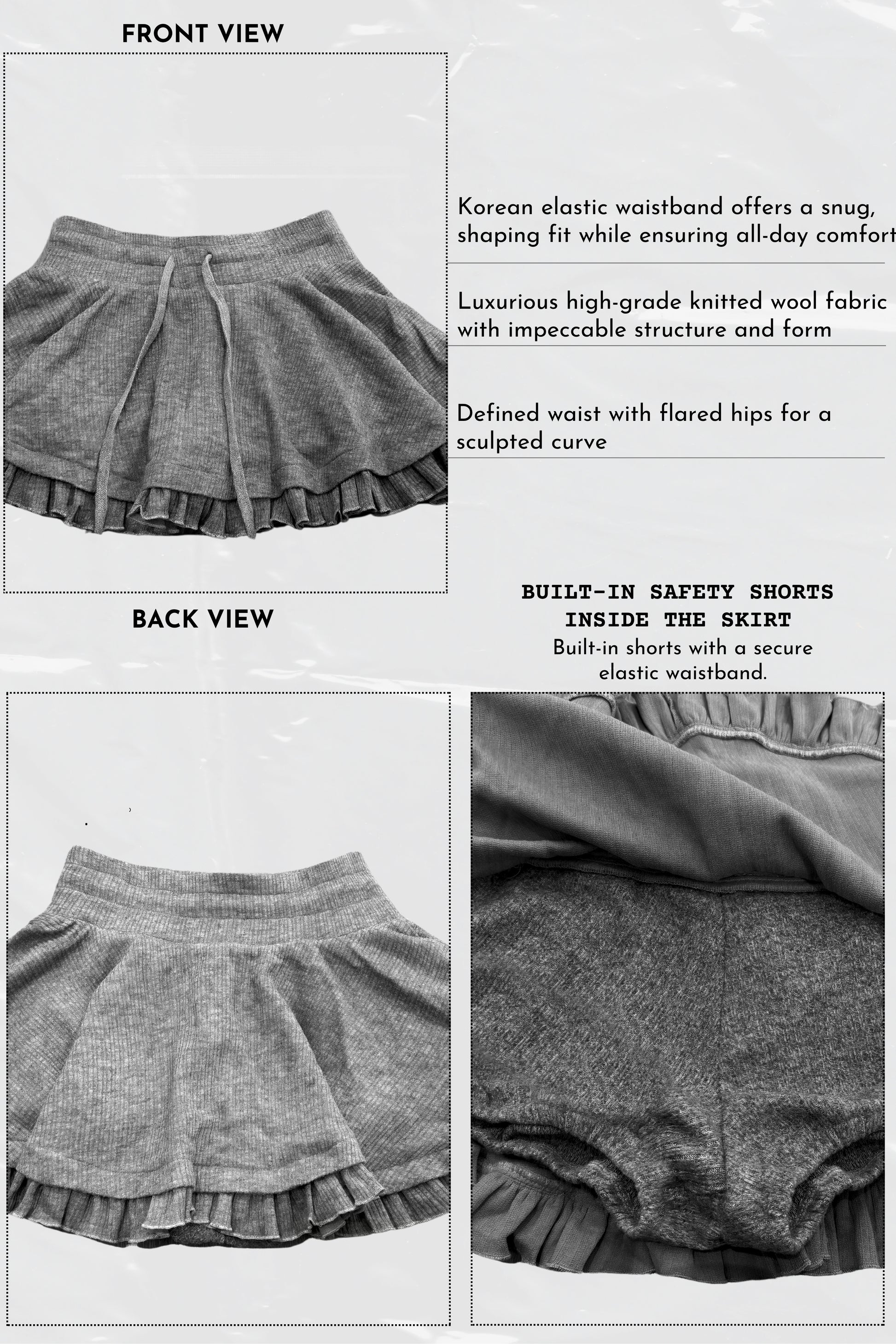 Gray skirt with built-in safety shorts features on a white background