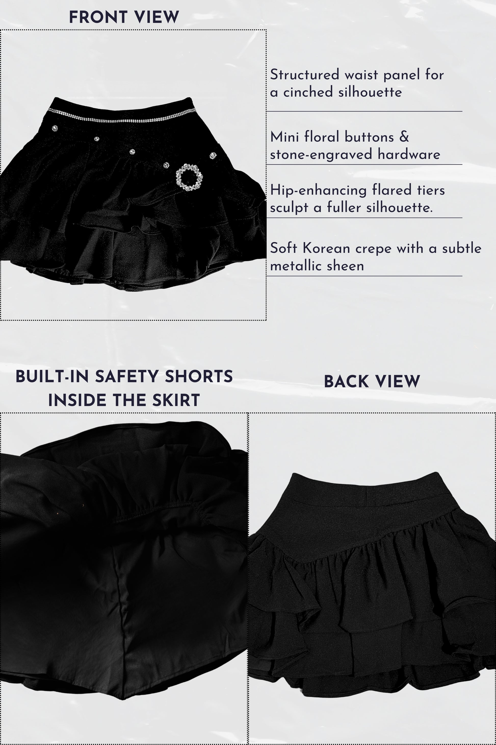 Black skirt with structured waist panel, mini floral buttons, and built-in safety shorts on a white background.