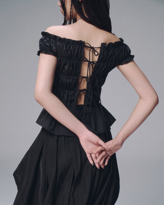 Black scoop neck blouse – styled with wide-leg trousers