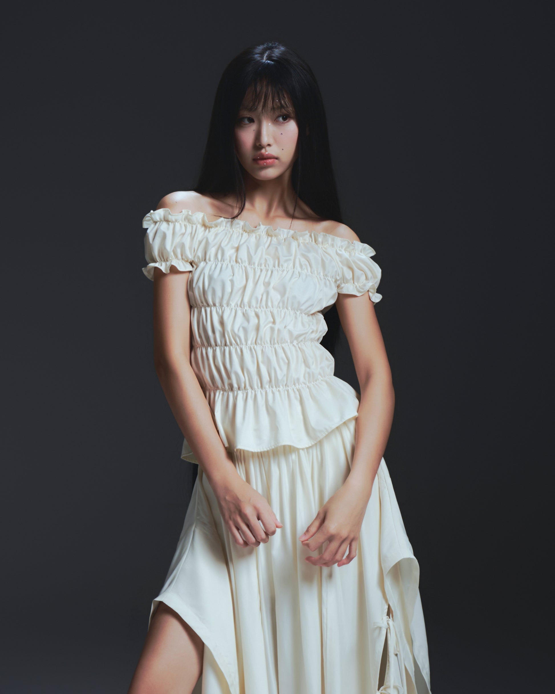 Dawsey Top in Ivory – front view on model